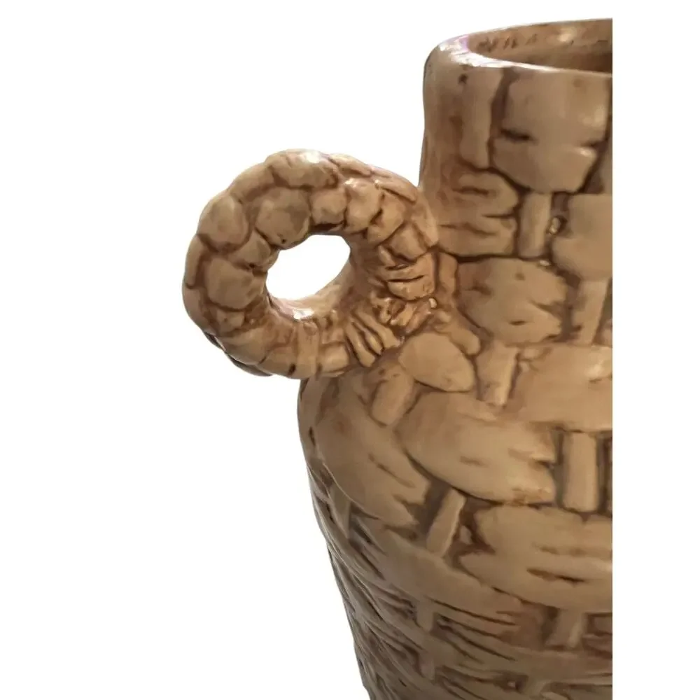 1970s VINTAGE Handmade Basket Weave Ceramic Jug Vase Artist Signed LM 1977